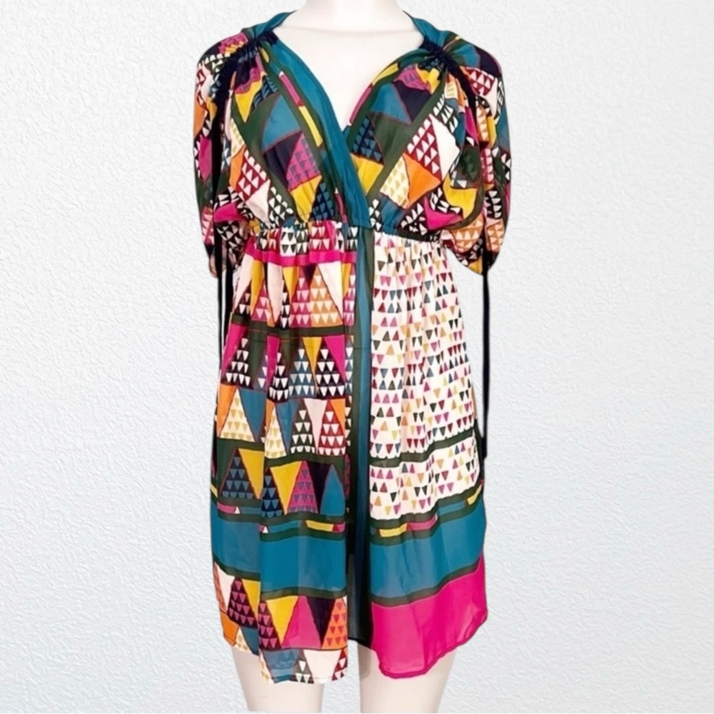Anthropologie Multicolor Geometric Print Dress - Teal, Pink, Yellow